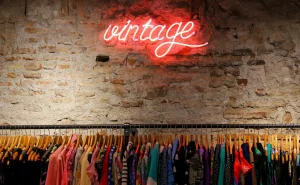 ropa de una tienda vintage con cartel luminoso